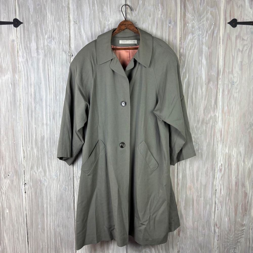 VTG Larry Levine Trench Coat Olive Green Women 10 USA Union Made MOTH HOLES READ